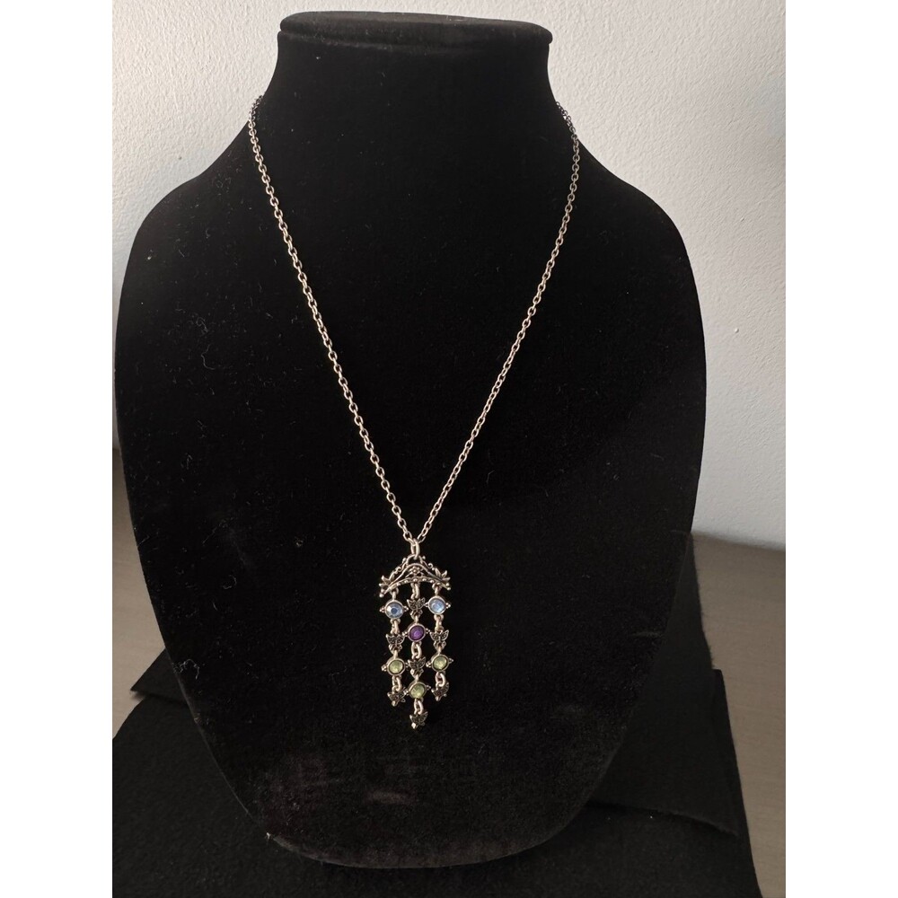 Pewter Tone Chandelier Pendant Necklace Butterfly Multi Color Rhinestone Crystal